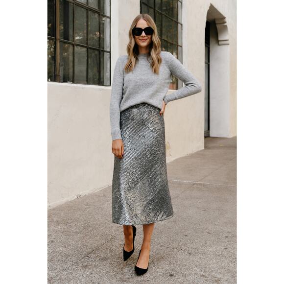 Ann Taylor Embellished Sequin High Waisted Pencil Slip Midi Skirt Silver Medium - Picture 1 of 5